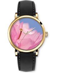 SPRAWL Aanalog Fashion Series Gold Ladies Watches of Genuine Black Leather Strap,Unique Wrist Watch for Women Girls Designed with Pink flowers