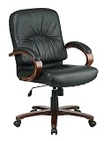 Leather Mid Back Chair With Cherry Finish Wood And Arms By Office Star