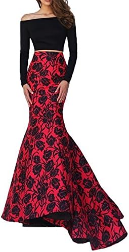 missgotti Two Piece Long Satin Mermaid Evening Prom Dresses Printed Red HED073RD SIZE 2