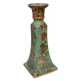 Asian candlesticks, Tropical Lotus design, spring green - hand painted porcelain (pair)