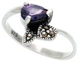 Sterling Silver Marcasite Freeform Ring, w/ Pear Cut Amethyst CZ, 7/16 (11mm) wide