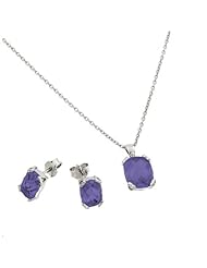 Rhodium Plated 925 Sterling Silver Prong Set February Birthstone Amethyst Faceted Cubic Zirconia CZ Earring and Necklace Set