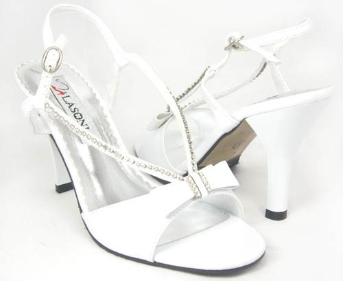 Jeweled Bows! White Strappy Sandals Formal Bridal Shoes