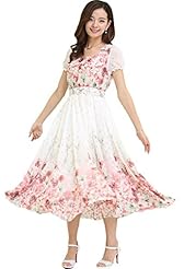 Floral Print Chiffon Fit-and-Flare Knee Length Short Sleeves Homecoming Dress/Party Dress/Wedding Dress/Midi Dress 