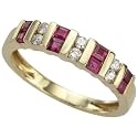 14K Yellow Gold Prong Set Square Ruby & Round Diamond Band Ring