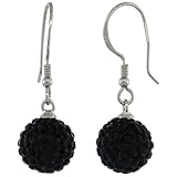 Sterling Silver 10mm Round Black Disco Crystal Ball Fish Hook Earrings, 1 1/4 in. (31mm) tall