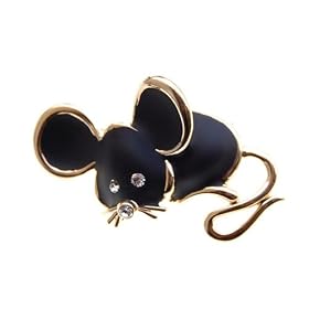 Golden Framed Swarovski Crystal Black Mouse Pin Brooch