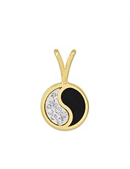 Black Coral Yin Yang Pendant with Diamonds in 14K Yellow Gold - Large