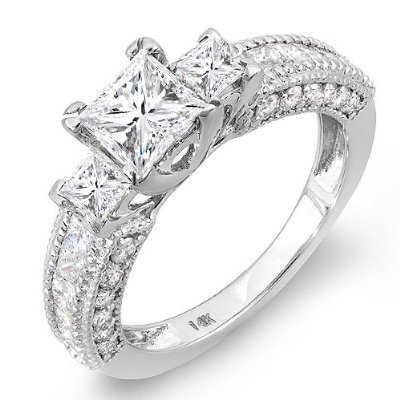 14k White Gold Princess & Round Diamond Ladies Semi Mount 3 stone Engagement Bridal Ring (1.65 cttw) Center not included