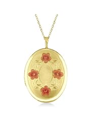 Oval Shaped Colored Flower Engraving Pendant Necklace With Chain For Women 14K Yellow Gold Vermele