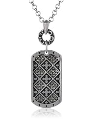 Stainless Steel Oxidized Czech Black Rhinestone Multi-Cross Textured Tag Pendant Necklace, 18"