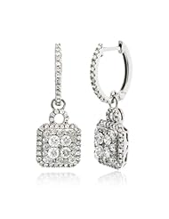 1.79 CT, White Round Brilliant cut Diamond Square Cluster Womens Drop Earrings In 14K White Gold
