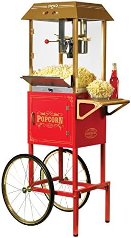 Popcorn Maker with Wheel Cart- Retro Finish Makes This Beautiful Popper Perfect For Homes, Businesses and Entertaining- Polished Stainless Steel Kettle Hinged Lids, Makes 40 Cups of Kernels Per Batch