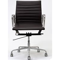 Ribbed Mid Back Office Chair in Genuine Brown Leather and Aluminum Base
