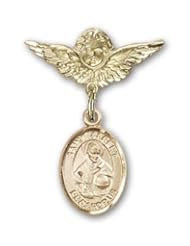 Gold Filled Baby Badge with St. Albert the Great Charm and Angel W/wings Badge Pin. Catholic Saint Albert the Great Patron Saint of Medical Technicians, Scientists, Universal Church, Philosophers