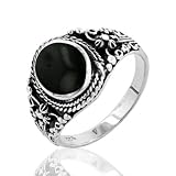 Sterling Silver Onyx/Flower Design Ring