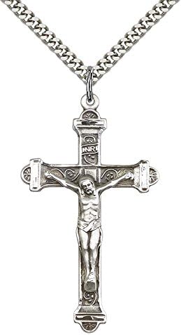 F.A. DumontSterling Silver Crucifix Pendant (1 7/8โ x 1โ) with 24โ Light Rhodium Heavy Curb Chain - Unisex Design