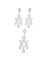 925 Silver Rhodium Finish Micro Pave White CZ Chandelier Earrings & Pendant Set