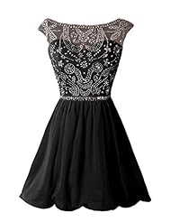 Beaded Flowy Chiffon Cocktail Short Bateau Neck Evening Dress/Homecoming Dress/Prom Dress/Party Dress 