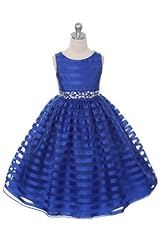 Girls Striped Print Knee Length Tea Length Sleeveless Round Neck  Organza Flower-Girl Dress  With Rhinestones