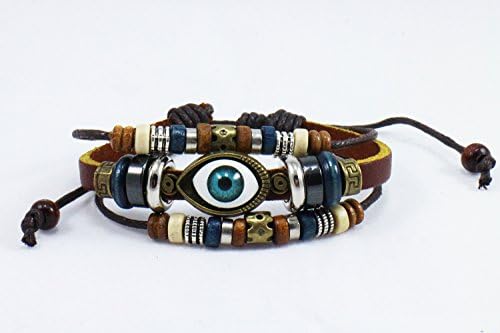 YYfashion Unisex Alloy Beads Brown Leather Wrap Bracelet with Blue Evil Eye, Adjustable