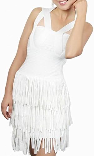 ShijiaBaby Women's White Sexy Crisscross Shoulder Sleeveless Bottom Tassels Bandage Dress Small