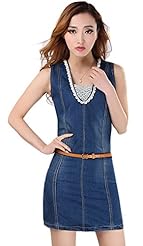 V-neck Plunging Neck  Beaded Lace Cotton/Denim Jumper  With Pearls