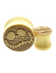 Jewelry: Wooden Ear Plug with Jack Skelton Design Sold As a Pair -00 Gauge -1/2" - 9/16" - 5/8" - 11/16" - Linsay jewllery