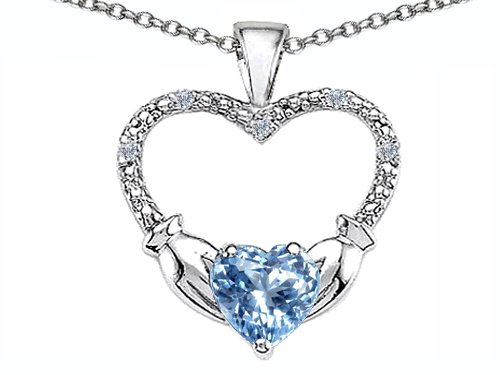 2.03 cttw 10k Gold Hands Holding your Heart Simulated Aquamarine and Diamond 1 Inch Claddagh Love Pendant in White Gold