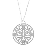 Sterling Silver Round Cut-Out Butterfly and Flower Pendant on Rolo Chain, 18"