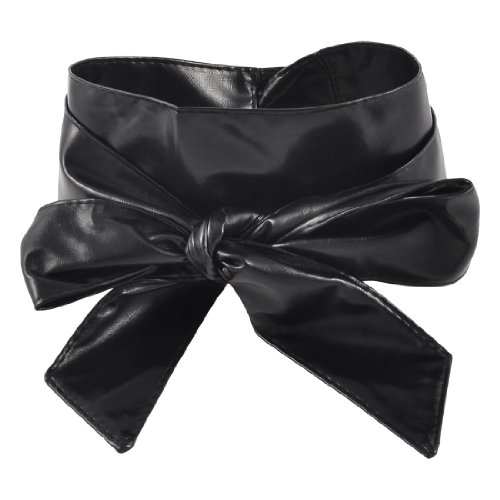 Ladies Faux Leather Self Tie Bowknot Wide Waist Band Sash Obi Belt
