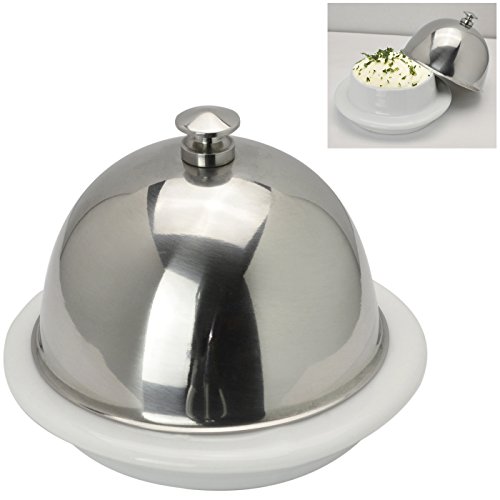 Sleek White Ceramic Butter Dish / Small Hors d'oeuvre Serving Tray w/ Stainless Steel Lid Cover
