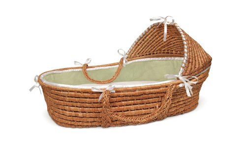 Honey Hooded Baby Moses Basket with Sage Waffle