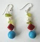 Apple Jade Freshwater Pearl Red Coral Bead & Turquoise Sterling Silver Earrings (BRAND NEW)