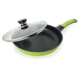 Bella Flame 9.5' Green Ceramic Coated Nonstick Fry Pan w/ Glass Lid by Amorè, Floral Pattern Texture, Beautiful & Elegant Design, Nano Ceramic Coating