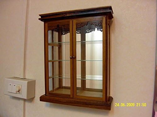 WALL Glass Teak Curio CABINET Wood Carved Mountable Shadow Box Display Case 2 Door Showcase