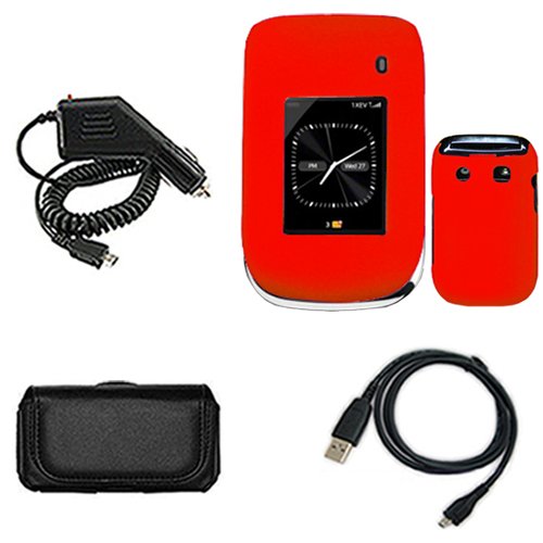 iNcido Brand Blackberry Style 9670 Combo Rubber Feel Orange Protective Case Faceplate Cover + USB Data Charge Sync Cable + Black Horizontal Leather Pouch + Rapid Car Charger for Blackberry Style 9670