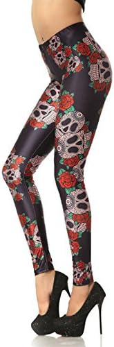Womens Print Skull Red Black Flowers Elastic Stretch Fashion Leggings