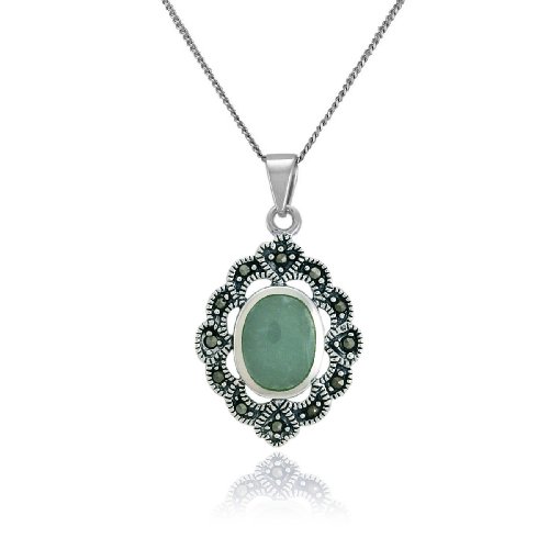 Sterling Silver Marcasite and Oval Jade Pendant, 18″