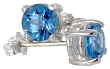 December Birthstone, Natural Blue Topaz 1.0 carat (6 mm) Size Brilliant Cut Stud Earrings in Sterling Silver Basket Settings