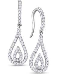10K White Gold Round Brilliant Cut Diamond - Pear Shape Halo Channel Set Dangle Earrings - (.53 cttw.)