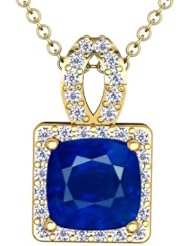 18K Yellow Gold Cushion Cut Blue Sapphire And Round Diamond Pendant