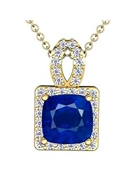14K Yellow Gold Cushion Cut Blue Sapphire And Round Diamond Pendant