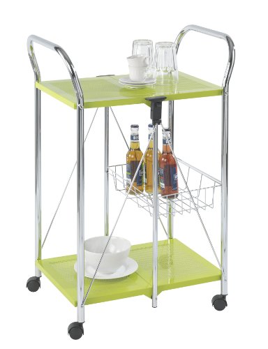 WENKO 900050100 Beistell- und K&uuml;chenwagen Sunny - zusammenklappbar, Ablagekorb, Chrom, 60 x 90 x 44 cm, gr&uuml;n