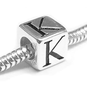 Sterling Silver Dice Cube Letter ''K'' Bead Charm For Pandora Troll Biagi Chamilia