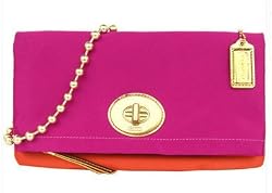 Coach Amanda Satin Foldover Clutch Bag Tote w Gold Chain 12926 Magenta Tangerine
