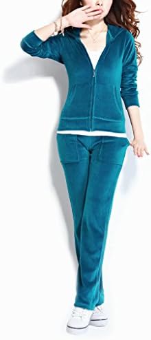 ReliBeauty Womens Pure Color Hood Velour Tracksuit Set Sports Jacket (X-Large, Peacock Blue)