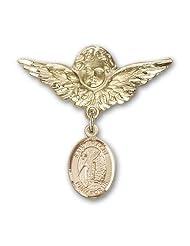 Gold Filled Baby Badge with St. Fiacre Charm and Angel with Wings Badge Pin