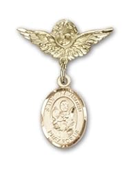 14K Gold Baby Badge with St. Raymond Nonnatus Charm and Angel with Wings Badge Pin