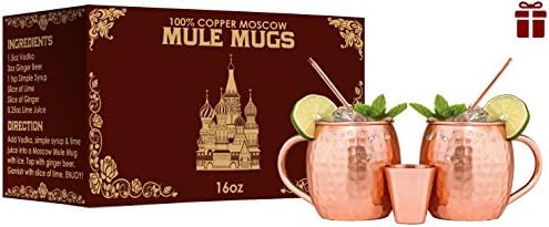 100% Pure Hammered Handmade Moscow Mule Copper Mugs - 16-Ounce,Unlined, No Nickel Lining, Gift Set of 2 Copper Cups, 1 Copper Shot Glass, 2 Copper Straws &amp; Bonus FREE 2 Velvet Bags